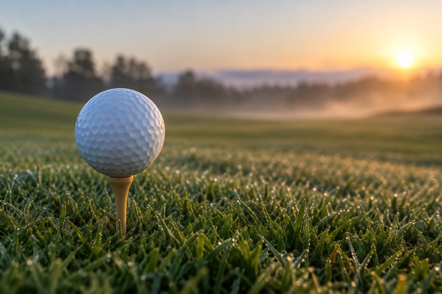 A plain white golf ball on a wooden tee in dewy grass