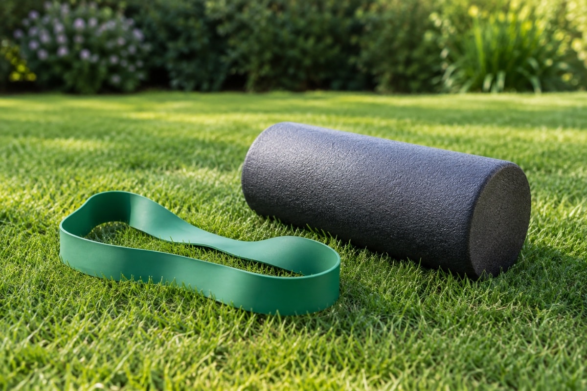 A plain resistance band and foam roller arranged on a lawn