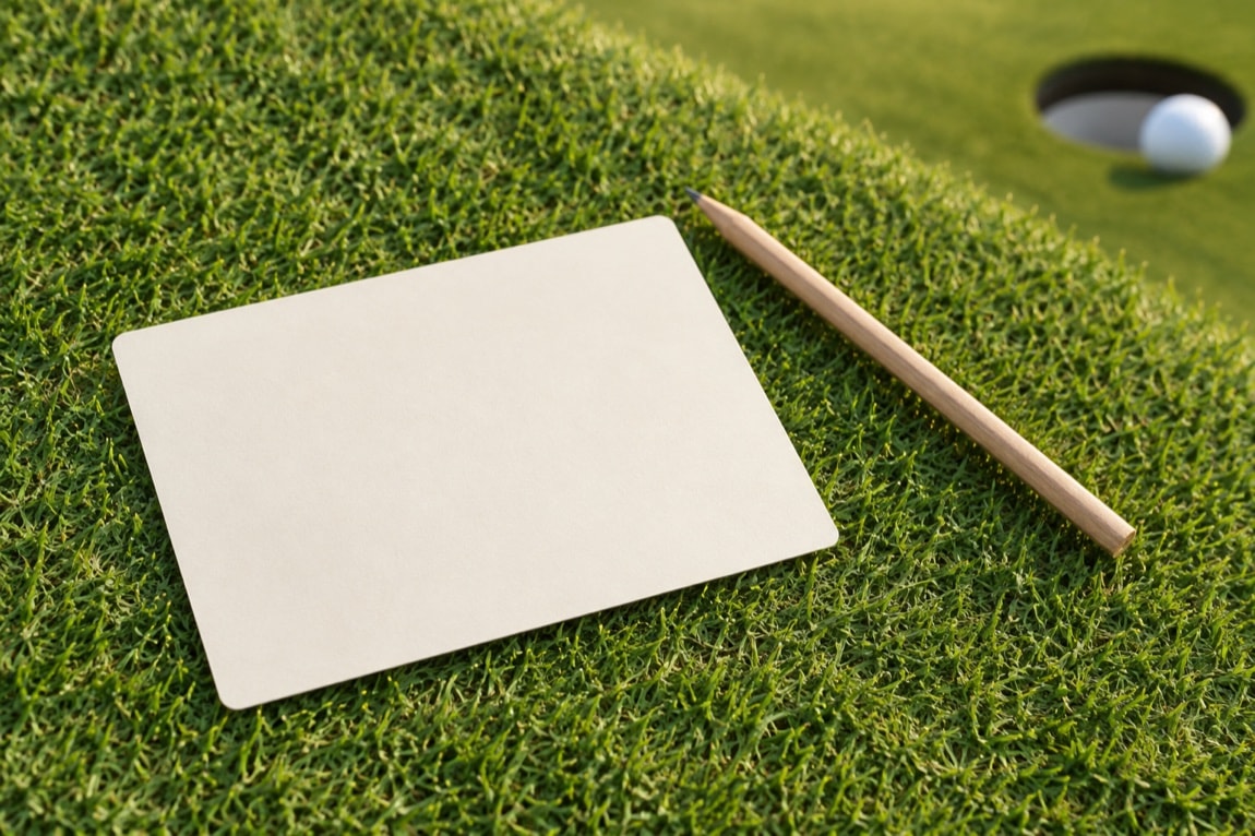 A blank scorecard-shaped card and pencil on grass