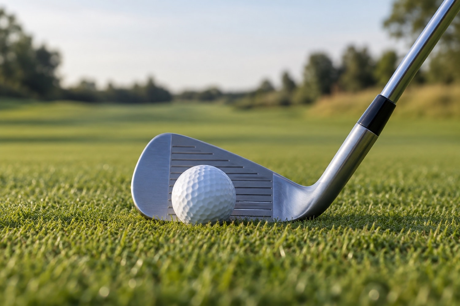 A plain iron set behind a white ball on grass