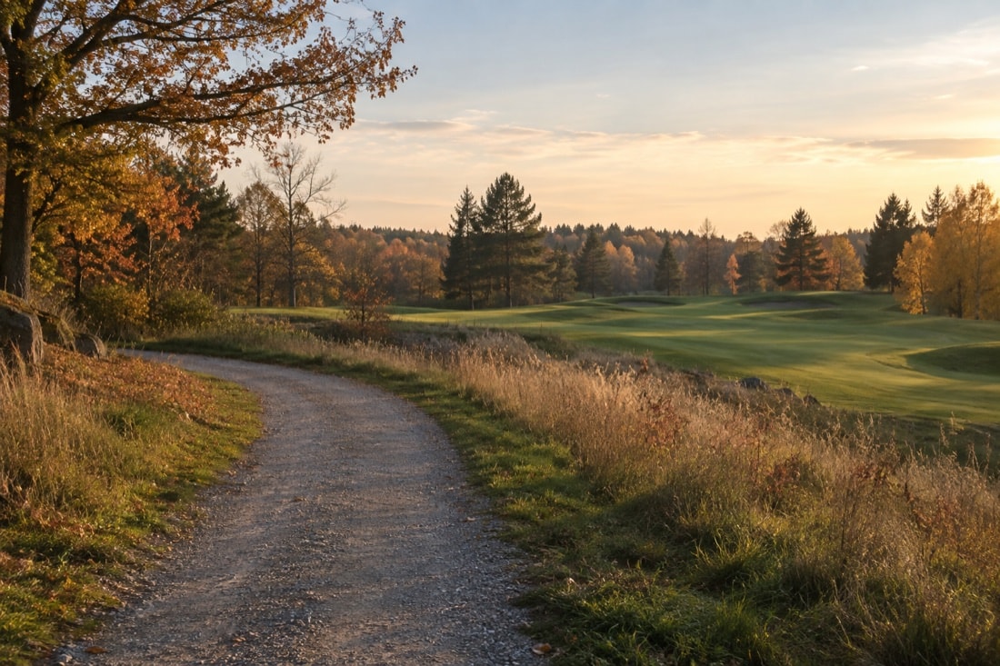An empty walking path curving beside a golf course