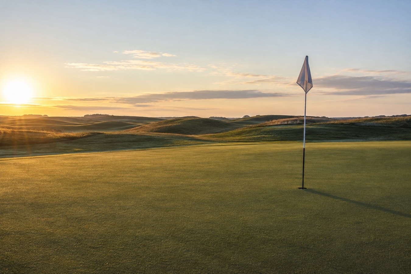A plain flag casting a long shadow across an empty green