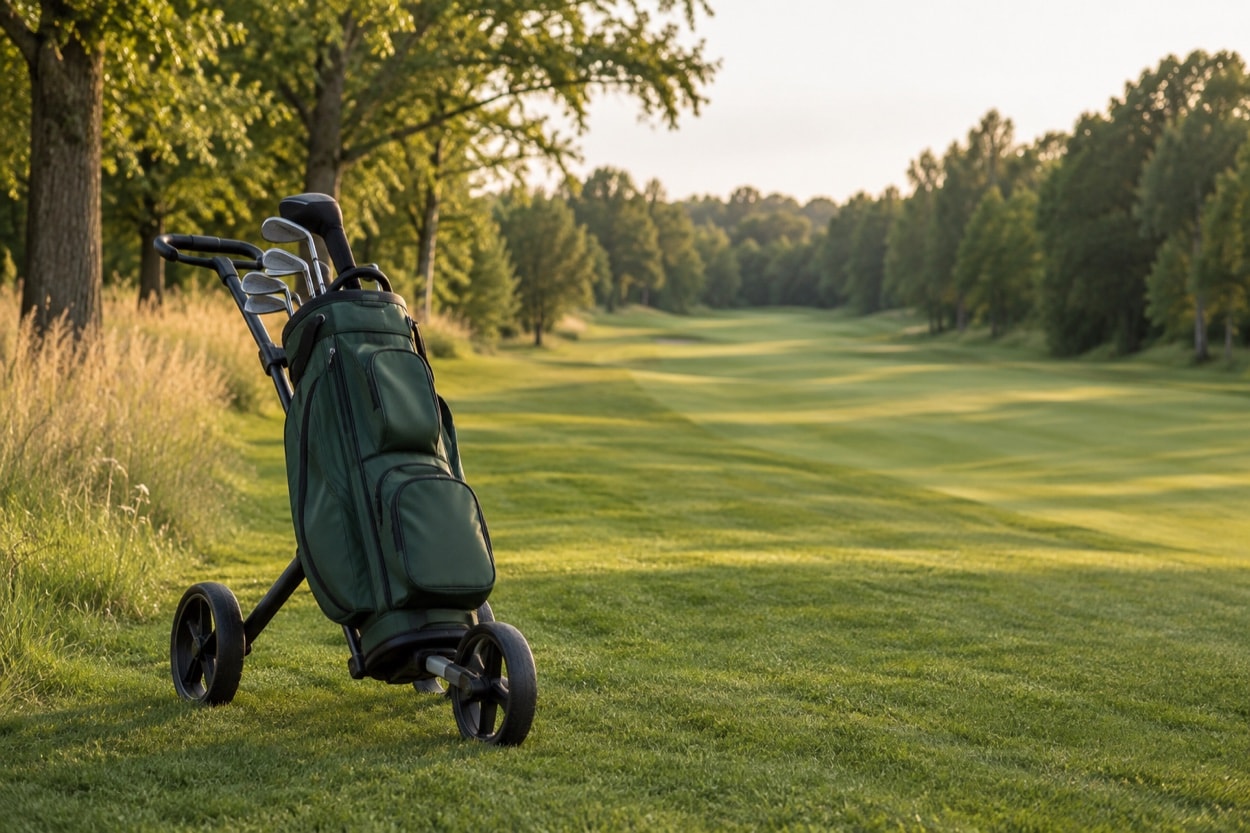 A plain golf bag on a trolley near an empty course path