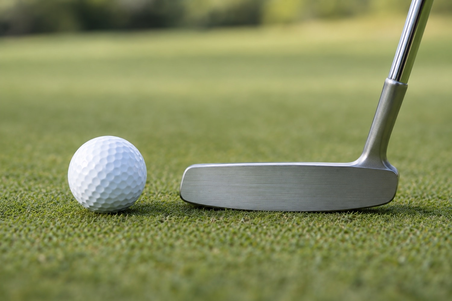 An unmarked putter and golf ball on a smooth green
