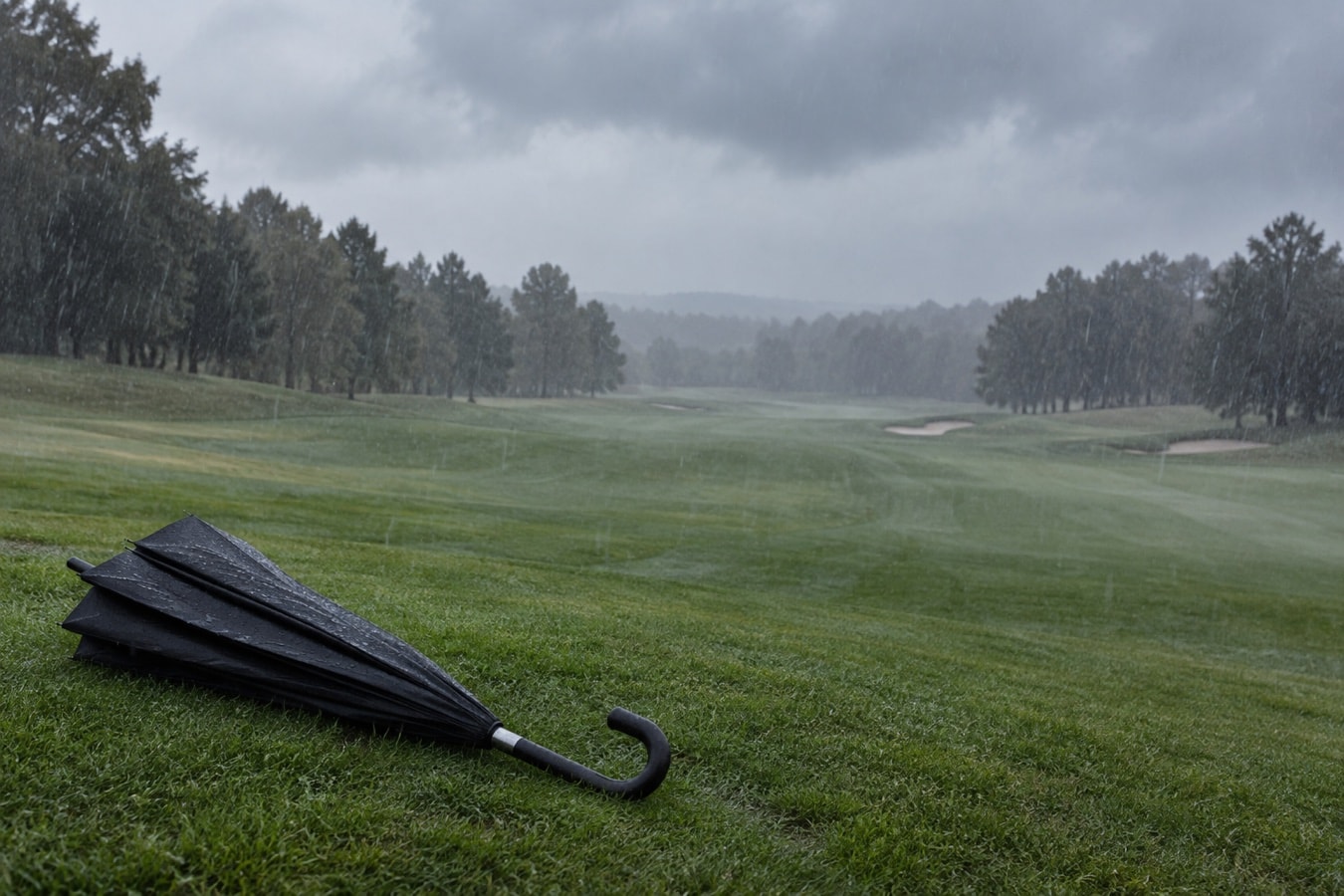 Rain falling on an empty fairway beside a closed umbrella