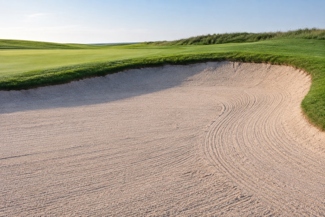 Curved rake lines across an empty golf bunker