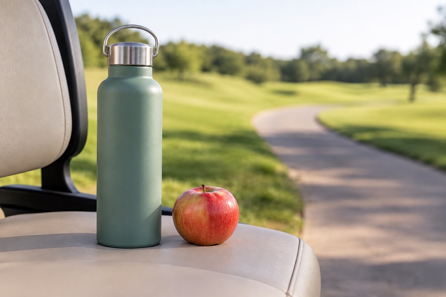 A plain water bottle and apple on a golf cart seat